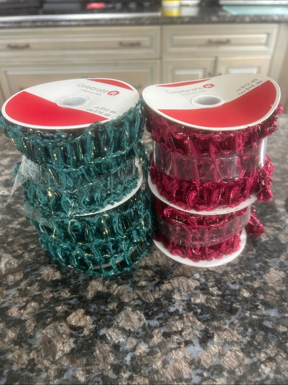 CELEBRATE IT WIRED DEEP RED W GOLD &GREEN W GOLD 2.5x20FT RIBBON LOT OF 4 NWT